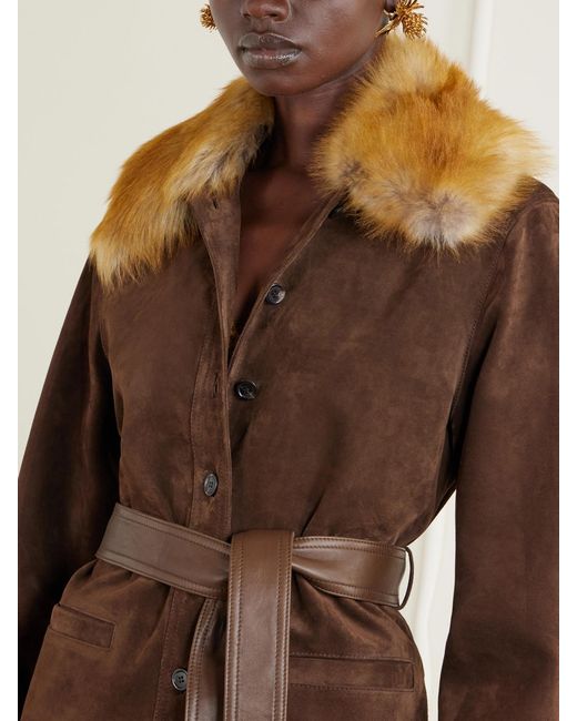 Saint Laurent Brown Belted Shearling And Leather-Trimmed Suede Jacket