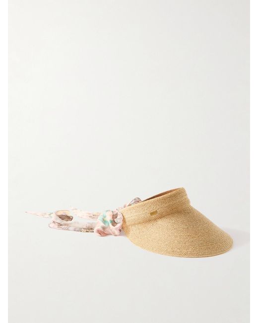 Chloé Natural Printed Chiffon-Trimmed Woven Raffia Visor