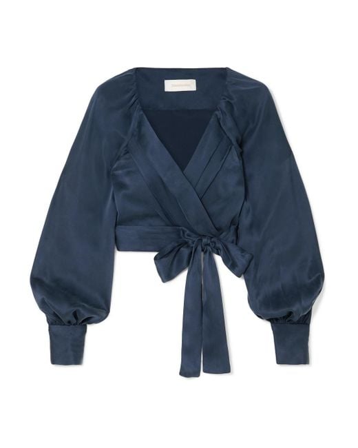 Zimmermann Blue Cropped Pleated Washed-silk Wrap Top