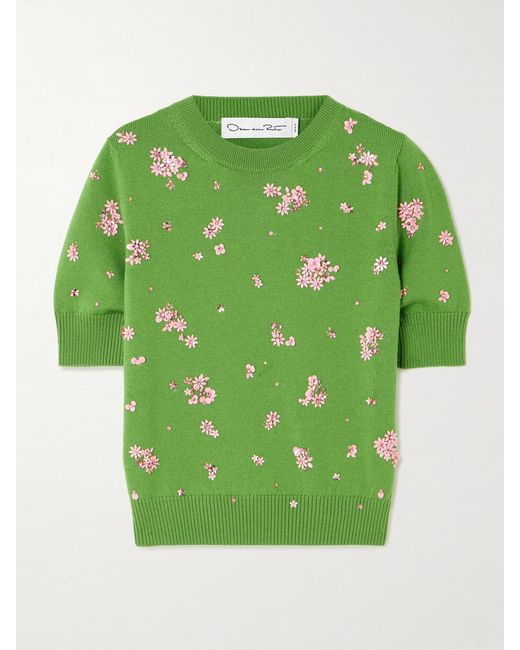 Oscar de la Renta Green Floral Crystal And Sequin-Embellished Wool Sweater
