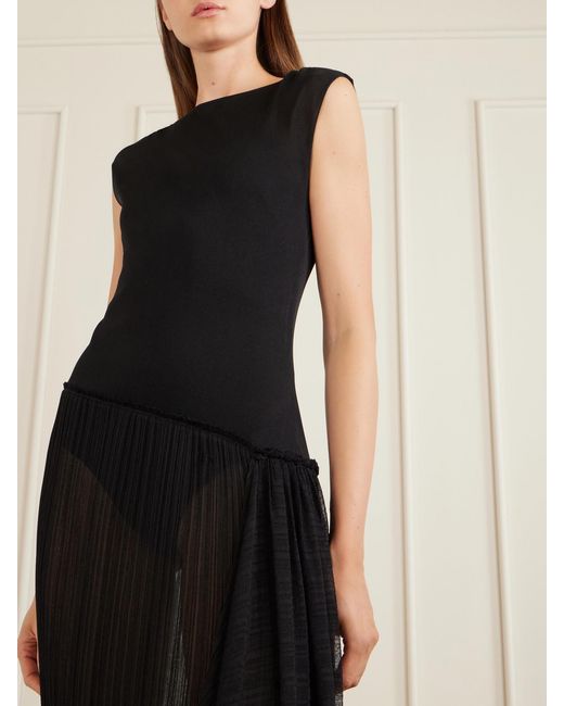 Balmain Black Draped Mesh-Jersey Midi Dress