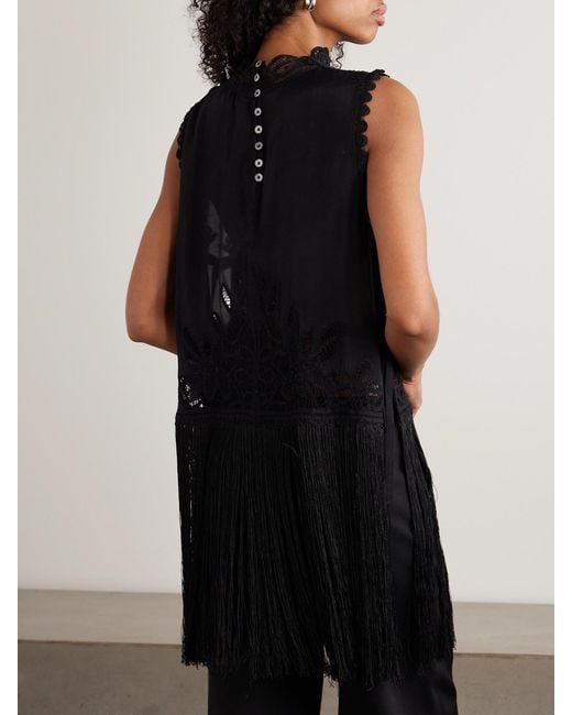 Sea Black Adelina Tie-Side Fringed Lace-Paneled Woven Top
