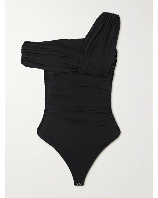 Agolde Black Etienne Off-The-Shoulder Ruched Stretch-Jersey Thong Bodysuit
