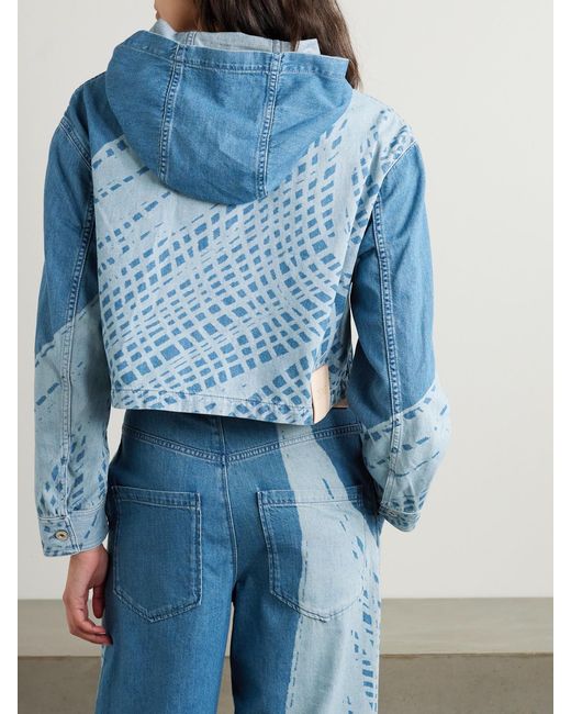 Loewe Blue Paula's Ibiza Hooded Cropped Leather-Trimmed Printed Denim Jacket