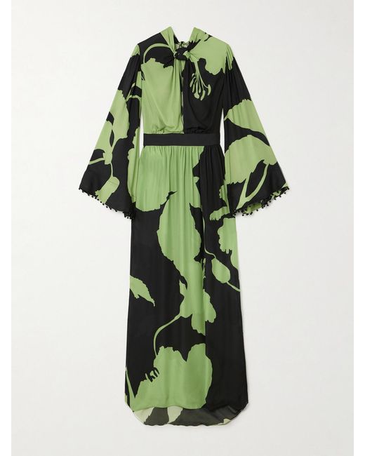 Johanna Ortiz Green Net Sustain Embellished Twist-Front Floral-Print Silk Maxi Dress