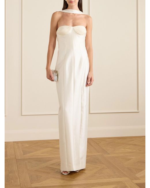 Danielle Frankel White Lette Tulle-Trimmed Wool And Silk-Blend Twill Gown