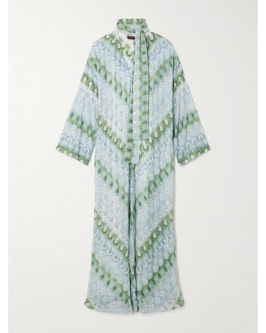 Missoni Blue Tie-Detailed Striped Metallic Crochet-Knit Maxi Dress