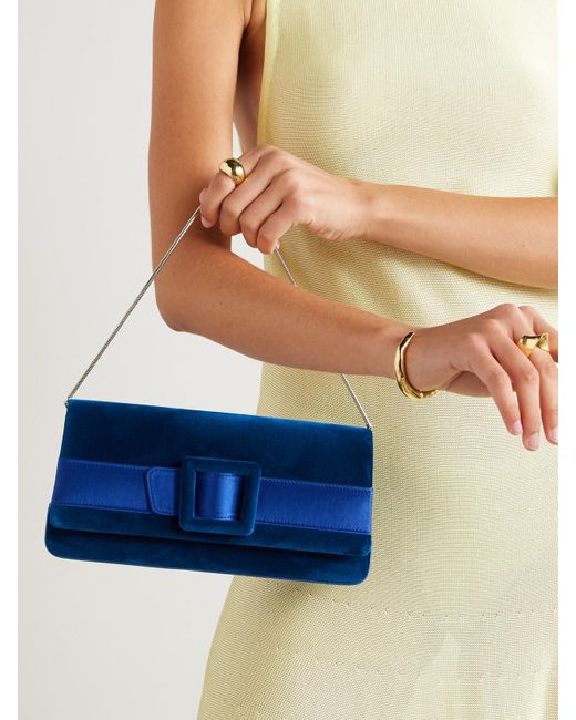 Manolo Blahnik Blue Maygot Buckle-Embellished Satin-Trimmed Velvet Clutch