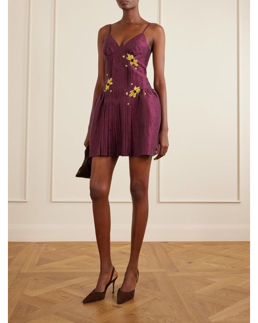 ShuShu/Tong Purple Bead And Sequin-Embellished Plissé Linen-Blend Mini Dress