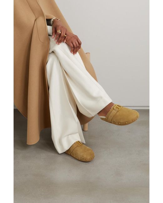Chloé Yellow Marcie Embellished Shearling-Lined Nubuck Slippers