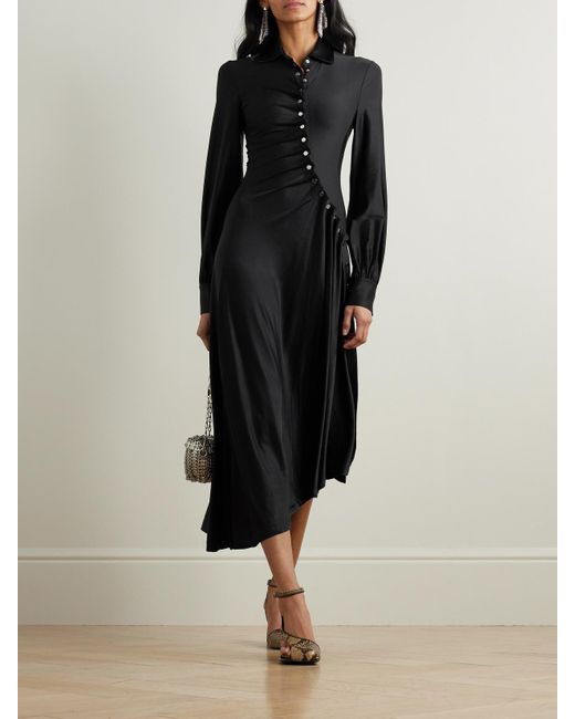Rabanne Black Embellished Gathered Satin-Jersey Midi Shirt Dress