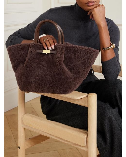 DeMellier London Brown New York Midi Leather-Trimmed Shearling Tote