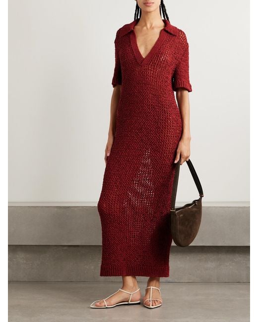 LIBEROWE Red Open-Knit Organic Cotton-Blend Maxi Dress
