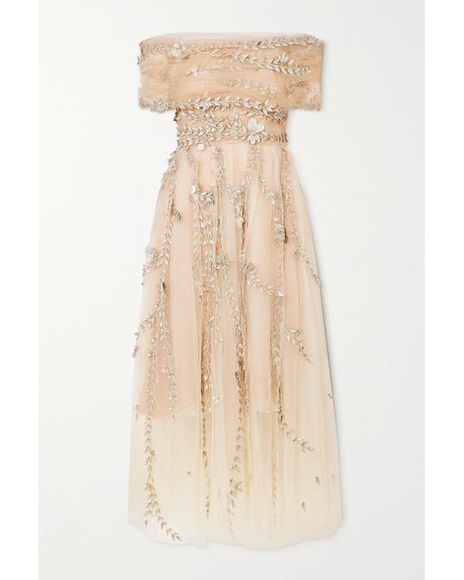 Oscar de la Renta Natural Off-the-shoulder Embroidered Embellished Tulle Midi Dress