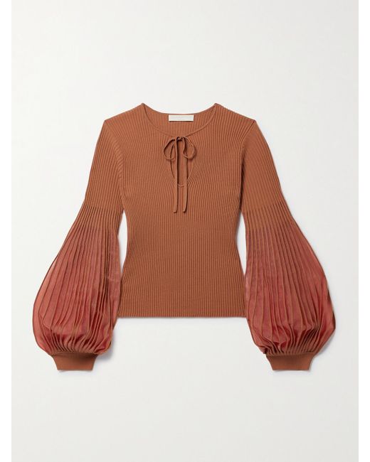Ulla Johnson Brown Lenora Tulle-Trimmed Ribbed-Knit Top