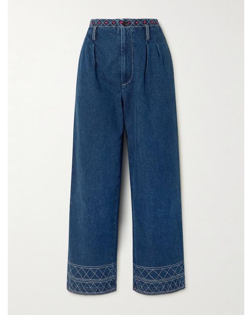 Bode Blue Murray High-Rise Pleated Embroidered Wide-Leg Jeans