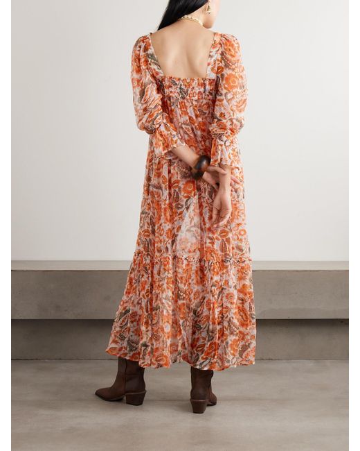 Alix Of Bohemia Orange Lilium Topaz Flower Pleated Ruffled Printed Georgette Midi Dress