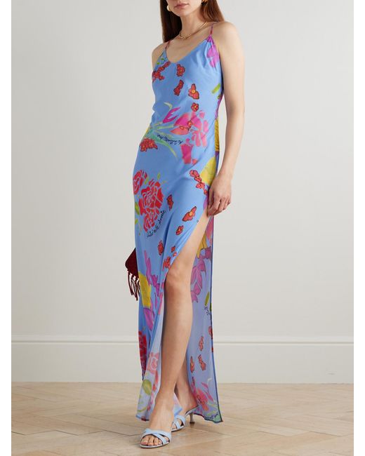 Donde Esteban White Cielo Floral-Print Satin Maxi Dress
