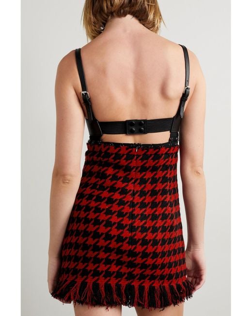 Monse Red Leather-Trimmed Fringed Knitted Mini Dress
