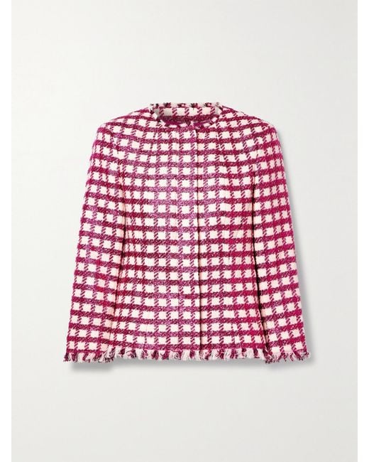Oscar de la Renta Red Frayed Checked Metallic Wool-Blend Tweed Jacket