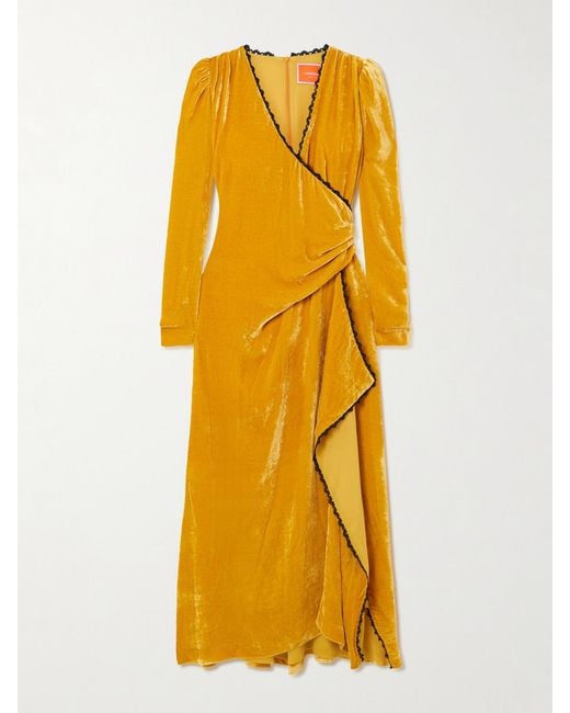 LaDoubleJ Yellow Wrap-Effect Draped Lace-Trimmed Velour Maxi Dress