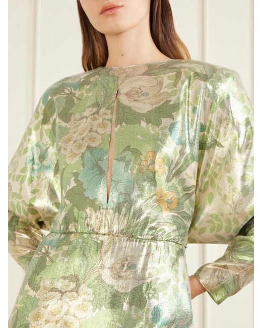 Valentino Garavani Green Cut-Out Floral-Print Silk-Blend Lamé Midi Dress