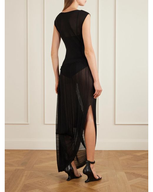 Balmain Black Draped Mesh-Jersey Midi Dress