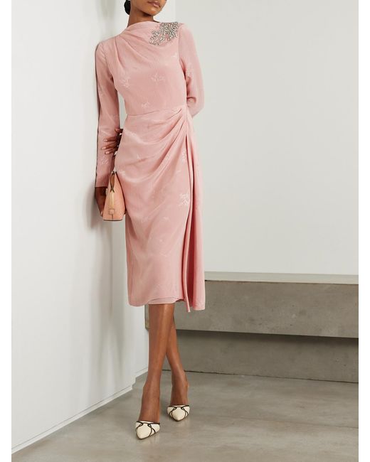 Erdem Pink Embellished Draped Crinkled-Silk And Cotton-Blend Jacquard Midi Dress