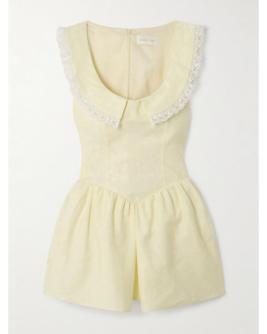 ShuShu/Tong Yellow Ruffled Lace-Trimmed Cady-Jacquard Mini Dress