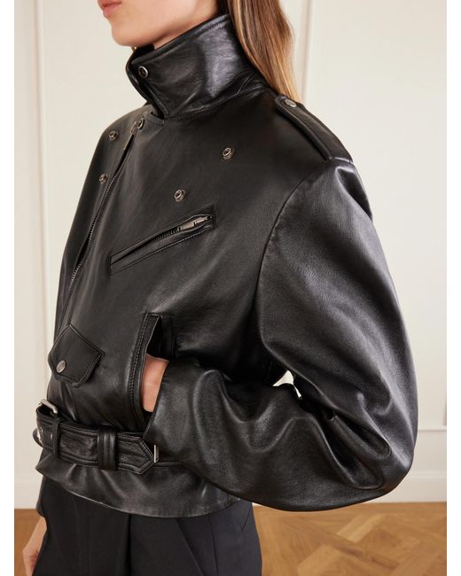 Saint Laurent Black Glossed Textured-Leather Biker Jacket