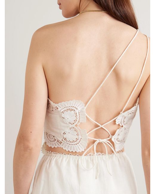 Posse White Darya One-Shoulder Lace-Trimmed Linen And Cotton-Blend Top