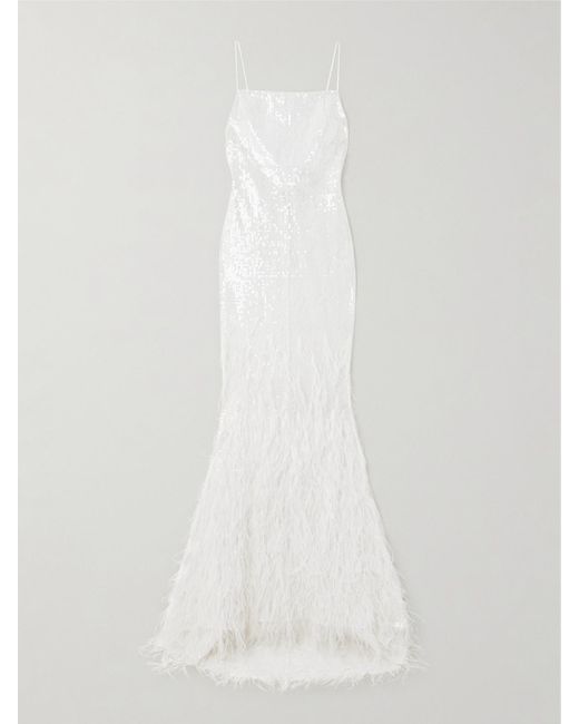 retroféte White Odessa Feather-Trimmed Sequined Lace Gown