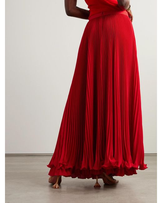 Balmain Red Pleated Crepe Maxi Skirt