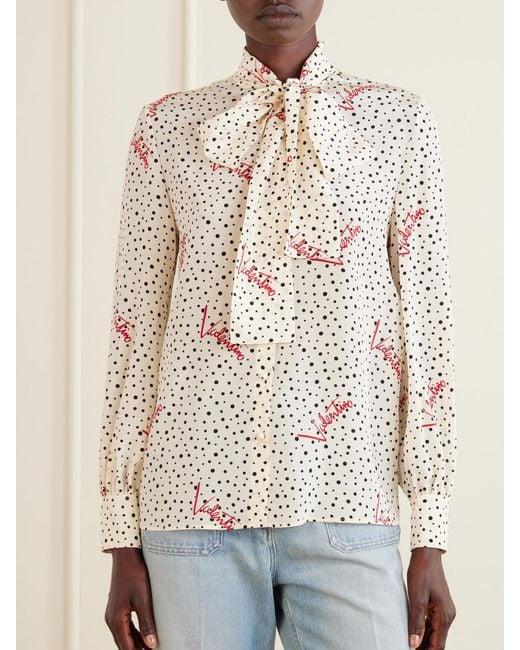 Valentino Garavani White Pussy-Bow Polka-Dot Silk Crepe De Chine Blouse