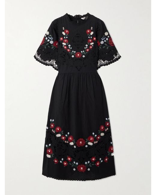 Sea Black Rosaline Midikleid Aus Einer Bestickten Baumwoll-Leinenmischung Mit Lochstickerei
