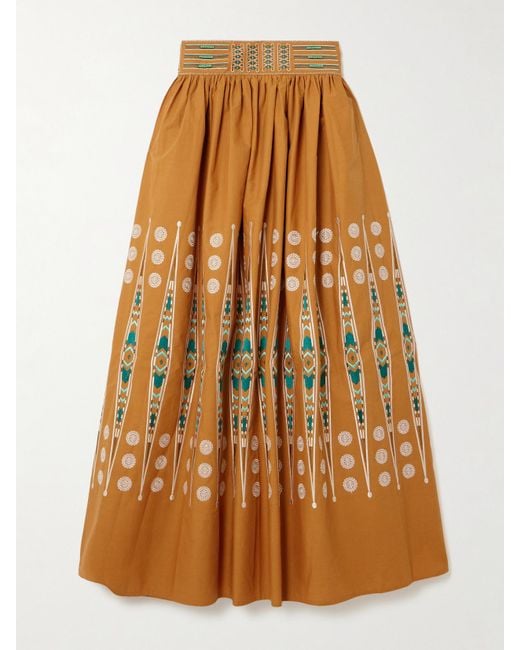 Emporio Sirenuse Brown Ombretta Embroidered Gathered Cotton Maxi Skirt