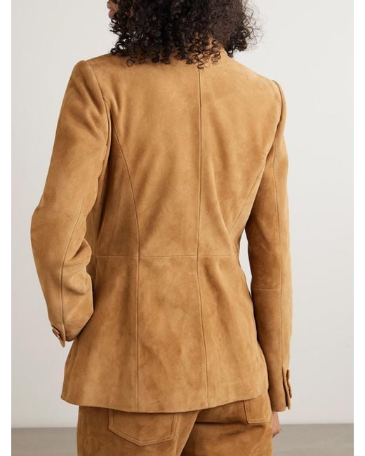 Nour Hammour Brown Double-Breasted Paneled Asymmetric Brushed-Suede Blazer