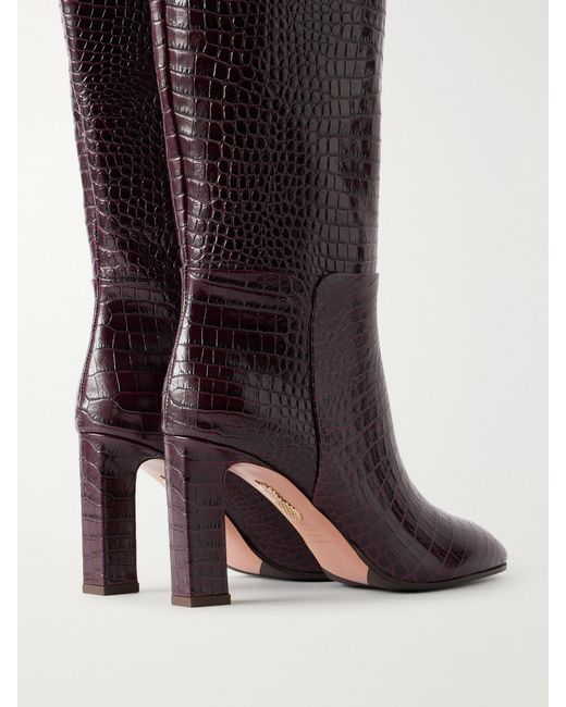 Aquazzura Brown Sellier 85 Croc-Effect Leather Knee Boots