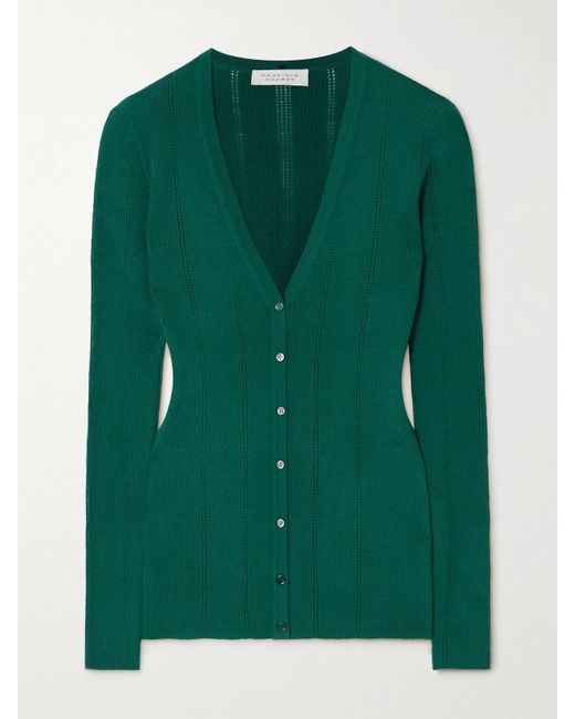 Gabriela Hearst Green Lillian Pointelle-Knit Wool Cardigan