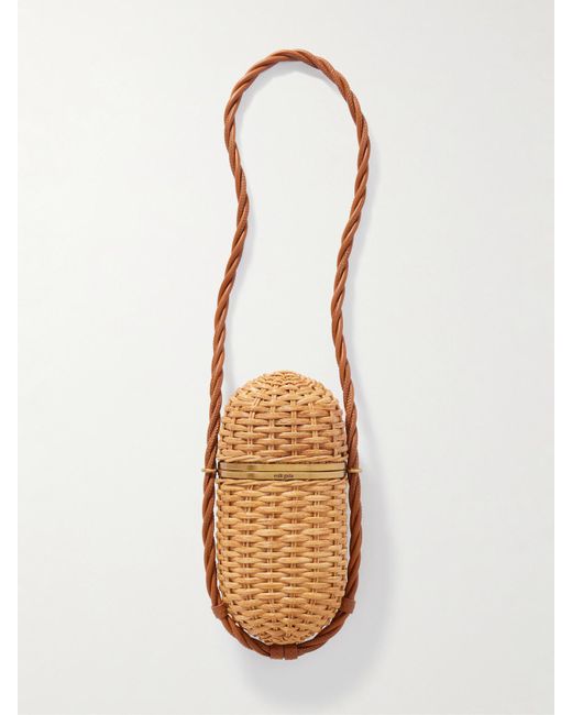 Cult Gaia White Amulet Leather-Trimmed Rattan Clutch
