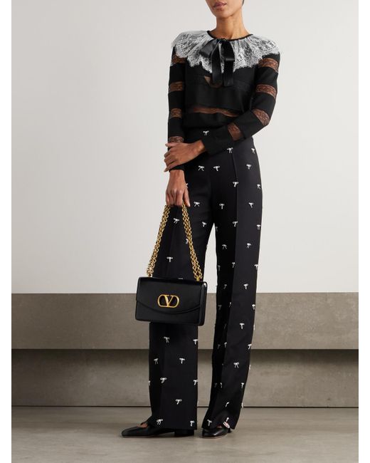 Valentino Garavani Black Bow-Embellished Striped Lace-Trimmed Wool Sweater