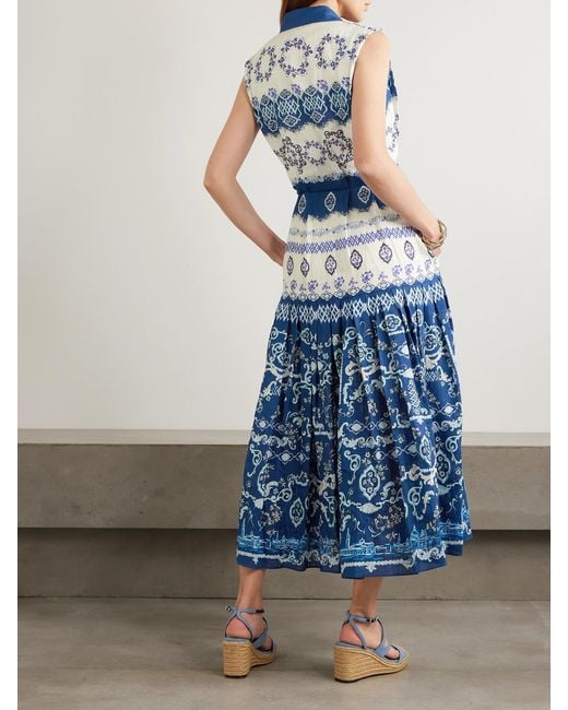 Saloni Blue Nya Belted Floral-Print Linen Midi Shirt Dress