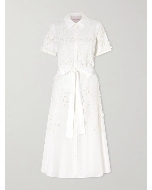 Carolina Herrera White Belted Embroidered Cotton-Blend Poplin Midi Shirt Dress