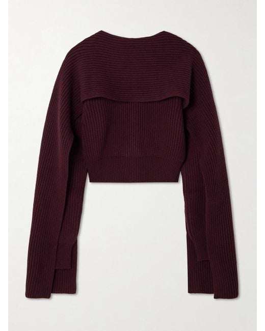 Erdem Purple Draped Cropped Ribbed Wool And Cashmere-Blend Sweater