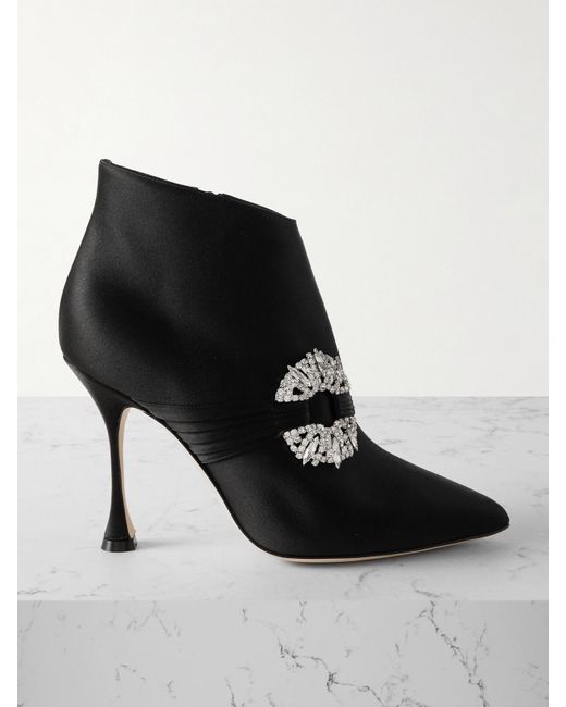 Manolo Blahnik Black Prabina 105 Crystal-Embellished Satin Ankle Boots