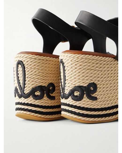 Chloé Natural Logo-Embroidered Leather Platform Sandals