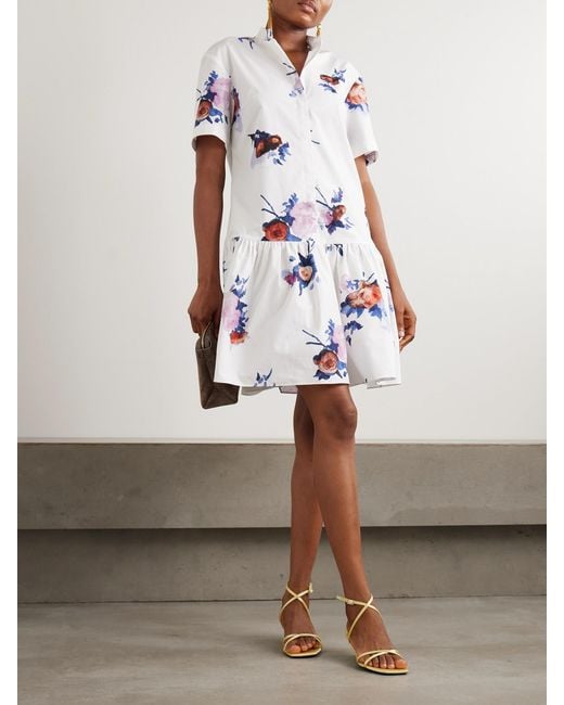 Erdem Gray Tiered Floral-Print Cotton-Poplin Mini Shirt Dress