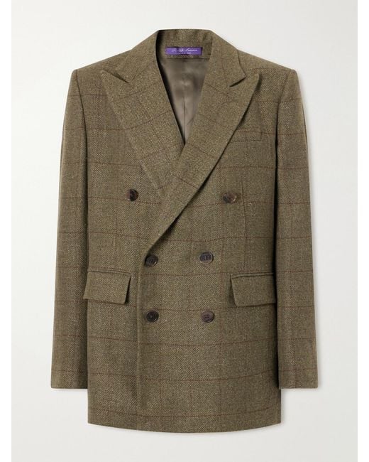 Ralph Lauren Green Ramona Double-Breasted Windowpane Linen, Cashmere And Silk-Blend Blazer