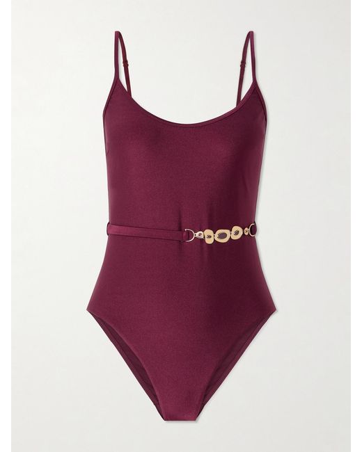 Zimmermann Red Awaken Embellished Belted Swimsuit