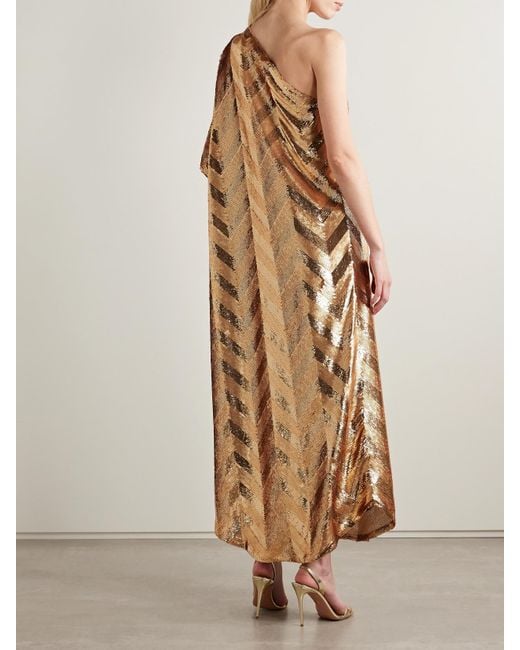‎Dima Ayad Natural One-Shoulder Sequined Crepe De Chine Gown